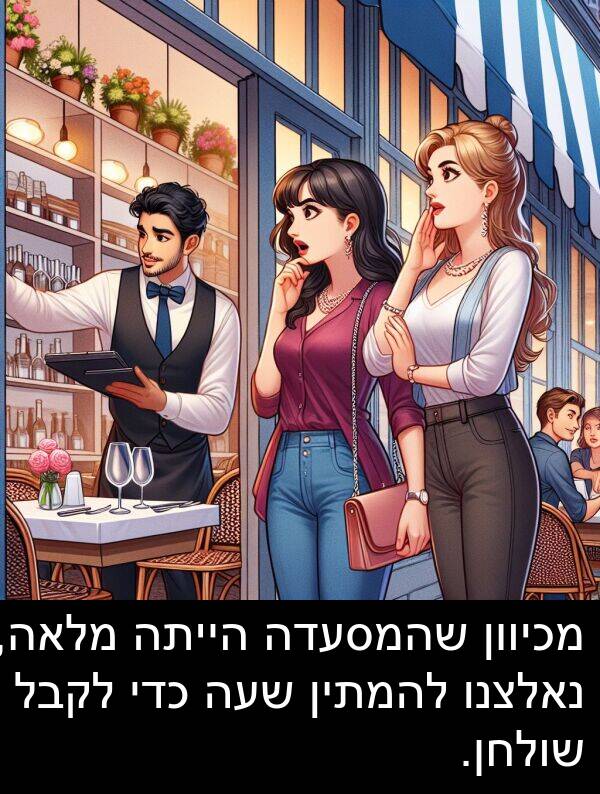 נאלצנו: מכיוון שהמסעדה הייתה מלאה, נאלצנו להמתין שעה כדי לקבל שולחן.