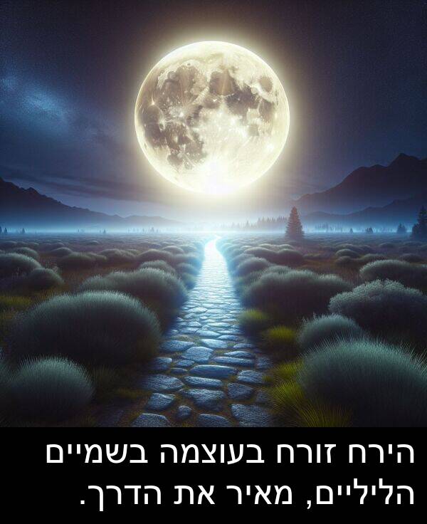 זורח: הירח זורח בעוצמה בשמיים הליליים, מאיר את הדרך.