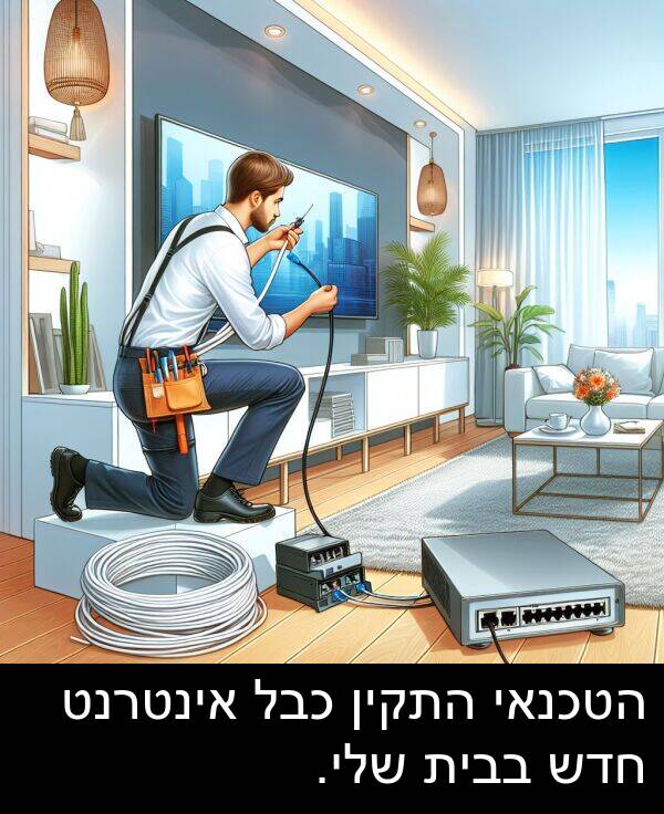 בבית: הטכנאי התקין כבל אינטרנט חדש בבית שלי.