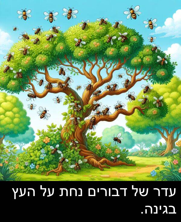 בגינה: עדר של דבורים נחת על העץ בגינה.