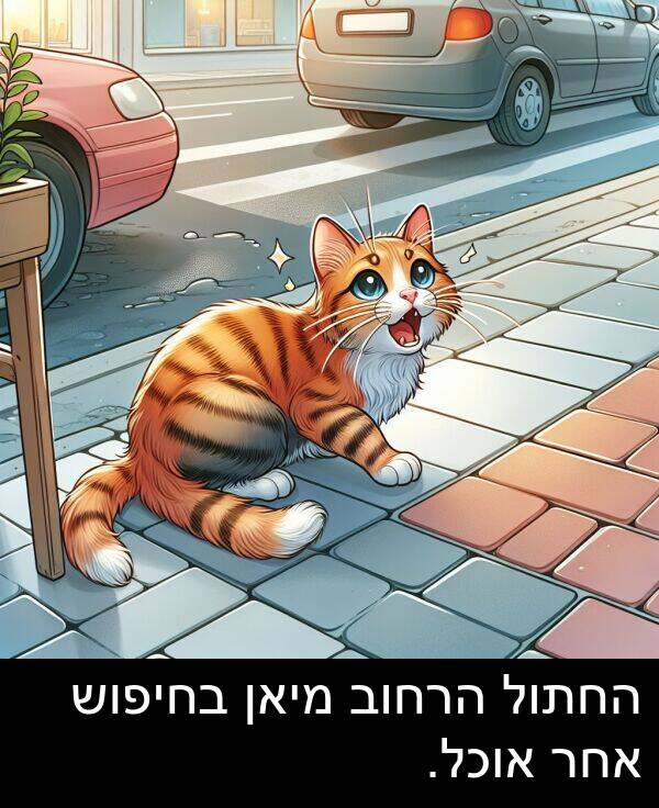 אחר: החתול הרחוב מיאן בחיפוש אחר אוכל.