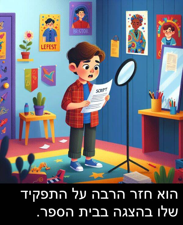 בבית: הוא חזר הרבה על התפקיד שלו בהצגה בבית הספר.