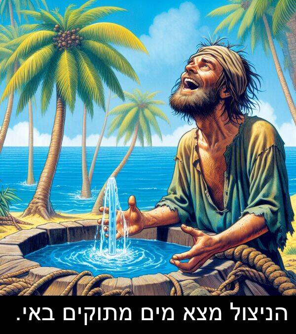 באי: הניצול מצא מים מתוקים באי.