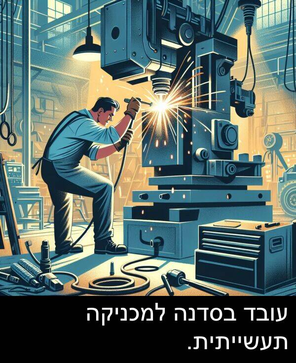 בסדנה: עובד בסדנה למכניקה תעשייתית.