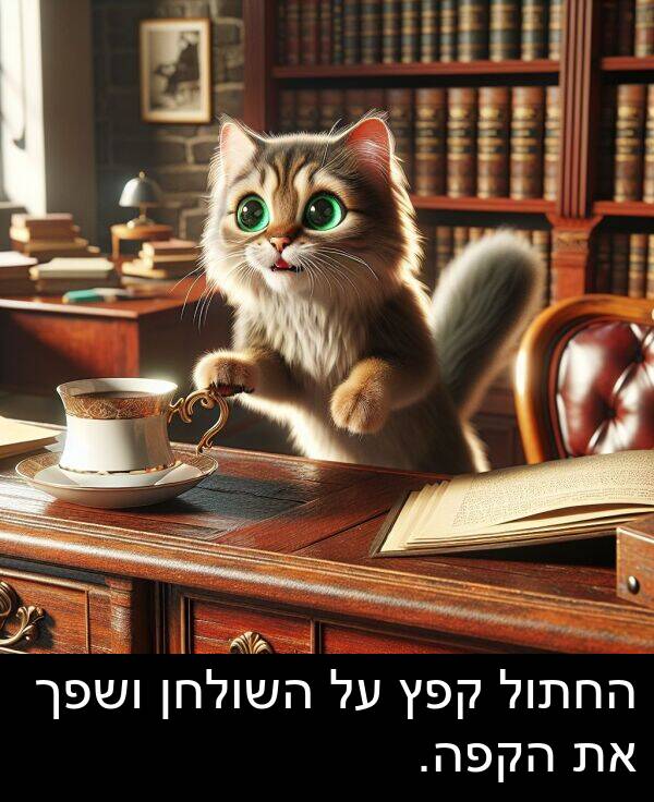 קפץ: החתול קפץ על השולחן ושפך את הקפה.