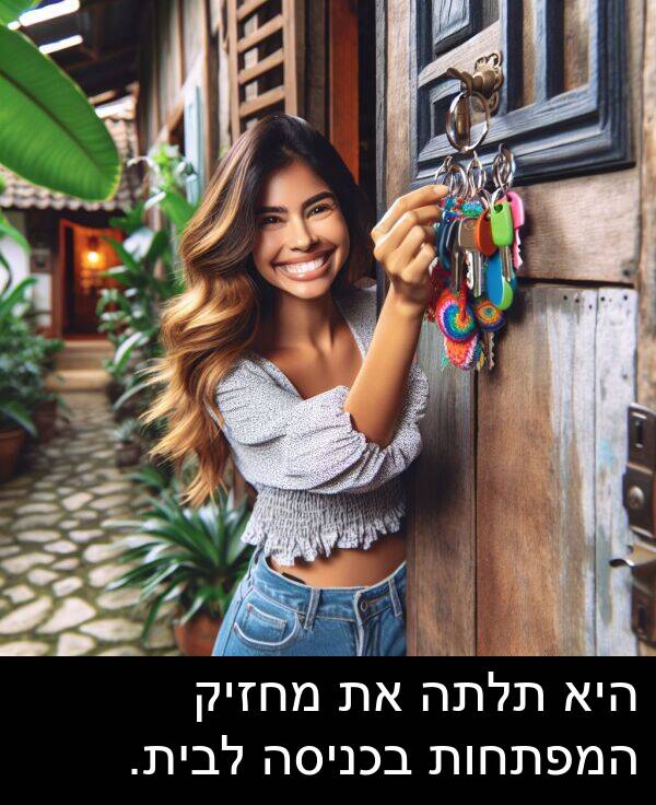 תלתה: היא תלתה את מחזיק המפתחות בכניסה לבית.