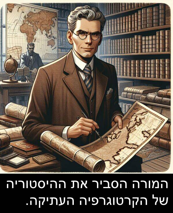 הסביר: המורה הסביר את ההיסטוריה של הקרטוגרפיה העתיקה.