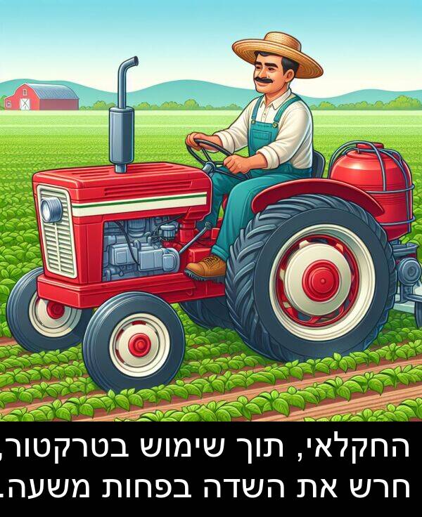 תוך: החקלאי, תוך שימוש בטרקטור, חרש את השדה בפחות משעה.