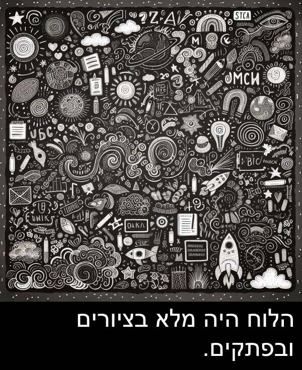 ובפתקים: הלוח היה מלא בציורים ובפתקים.