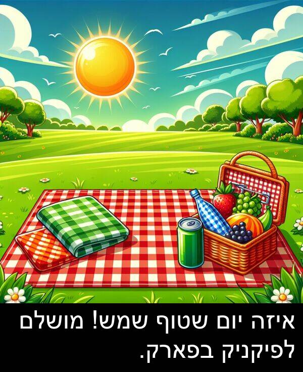 איזה: איזה יום שטוף שמש! מושלם לפיקניק בפארק.