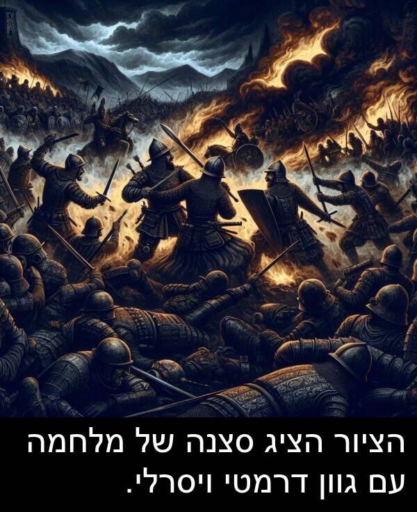 סצנה: הציור הציג סצנה של מלחמה עם גוון דרמטי ויסרלי.