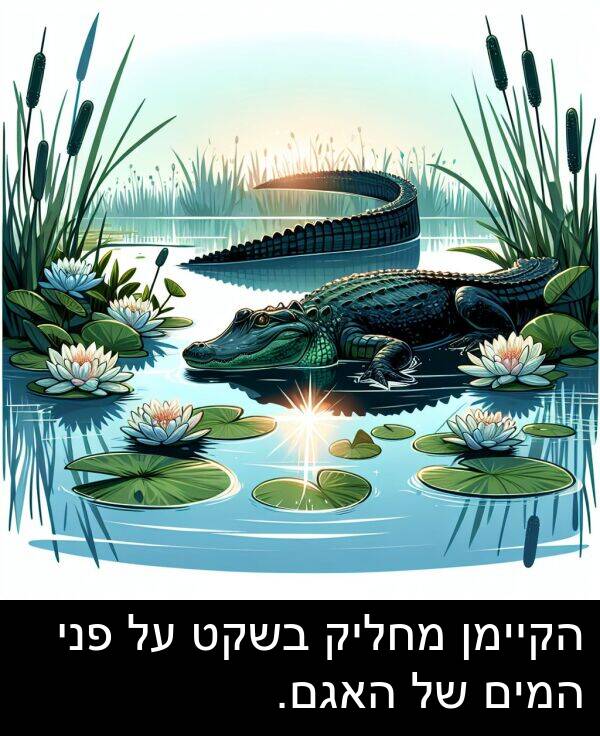 פני: הקיימן מחליק בשקט על פני המים של האגם.