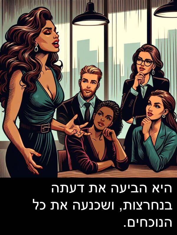 דעתה: היא הביעה את דעתה בנחרצות, ושכנעה את כל הנוכחים.