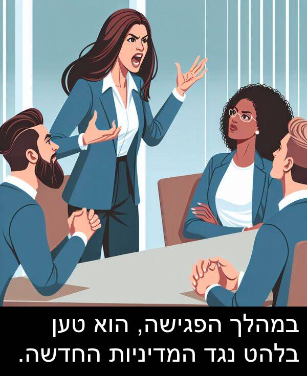 טען: במהלך הפגישה, הוא טען בלהט נגד המדיניות החדשה.