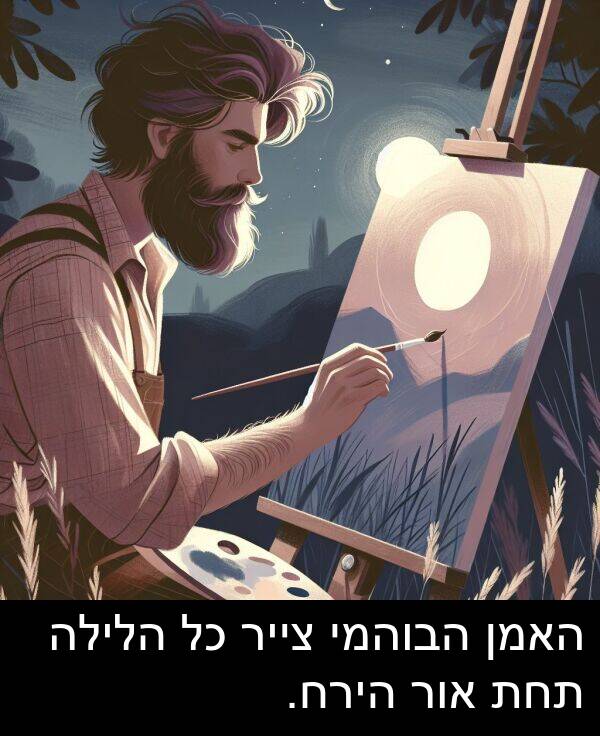 צייר: האמן הבוהמי צייר כל הלילה תחת אור הירח.