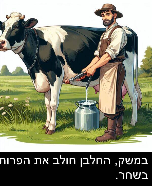 הפרות: במשק, החלבן חולב את הפרות בשחר.