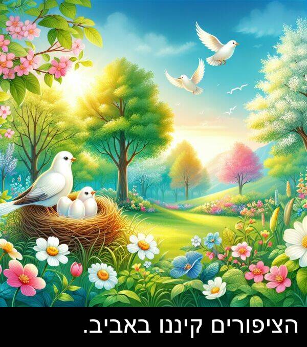 באביב: הציפורים קיננו באביב.
