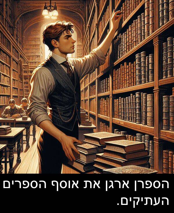 אוסף: הספרן ארגן את אוסף הספרים העתיקים.