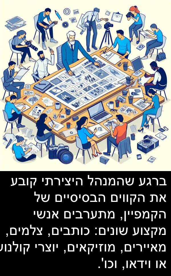 צלמים: ברגע שהמנהל היצירתי קובע את הקווים הבסיסיים של הקמפיין, מתערבים אנשי מקצוע שונים: כותבים, צלמים, מאיירים, מוזיקאים, יוצרי קולנוע או וידאו, וכו'.