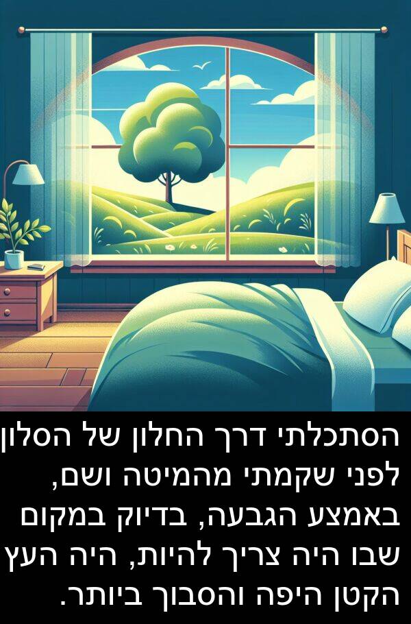 בדיוק: הסתכלתי דרך החלון של הסלון לפני שקמתי מהמיטה ושם, באמצע הגבעה, בדיוק במקום שבו היה צריך להיות, היה העץ הקטן היפה והסבוך ביותר.