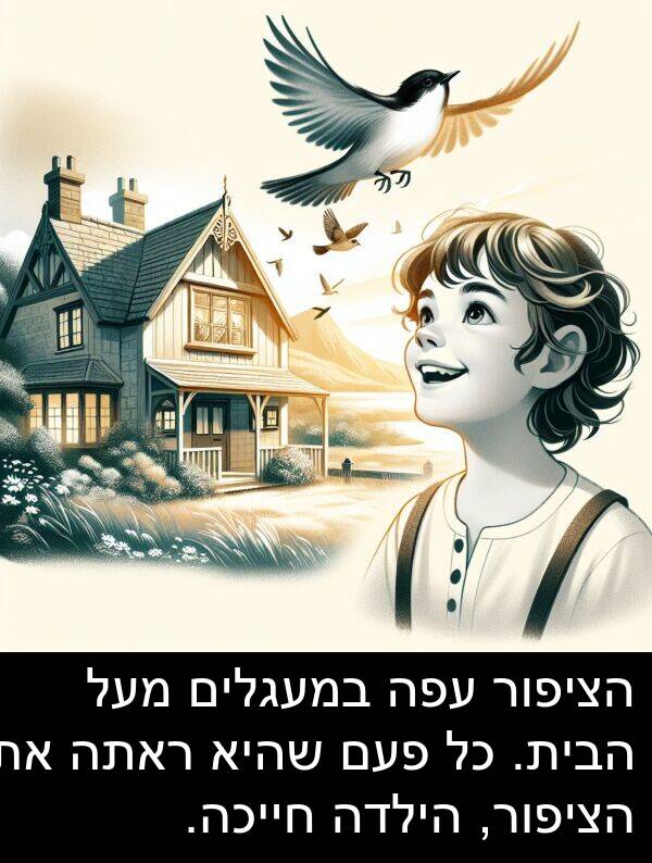 פעם: הציפור עפה במעגלים מעל הבית. כל פעם שהיא ראתה את הציפור, הילדה חייכה.