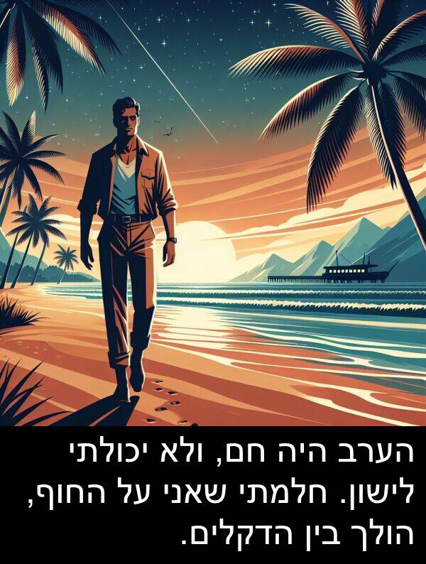 חם: הערב היה חם, ולא יכולתי לישון. חלמתי שאני על החוף, הולך בין הדקלים.