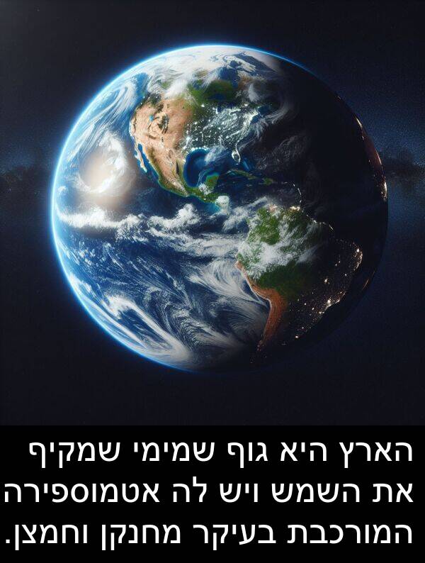 אטמוספירה: הארץ היא גוף שמימי שמקיף את השמש ויש לה אטמוספירה המורכבת בעיקר מחנקן וחמצן.