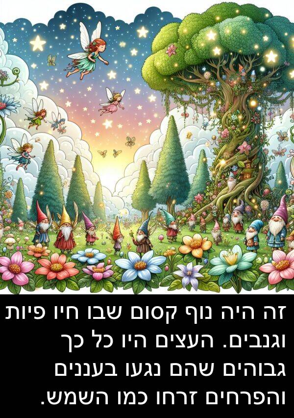 פיות: זה היה נוף קסום שבו חיו פיות וגנבים. העצים היו כל כך גבוהים שהם נגעו בעננים והפרחים זרחו כמו השמש.