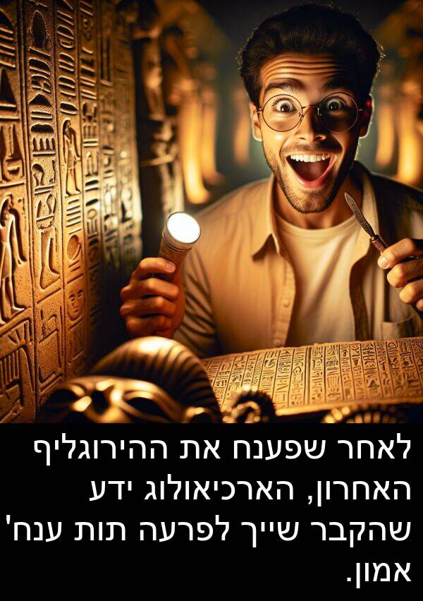 ענח: לאחר שפענח את ההירוגליף האחרון, הארכיאולוג ידע שהקבר שייך לפרעה תות ענח' אמון.