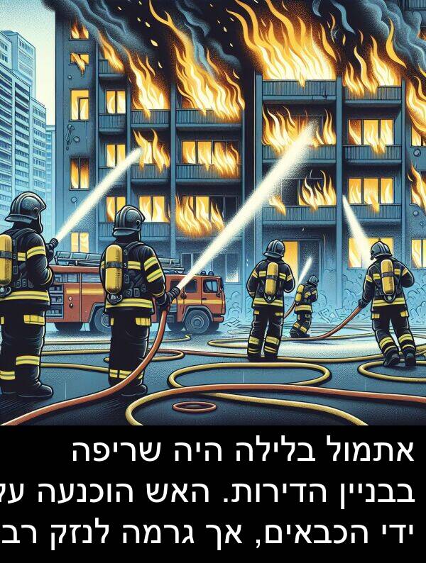 בבניין: אתמול בלילה היה שריפה בבניין הדירות. האש הוכנעה על ידי הכבאים, אך גרמה לנזק רב.