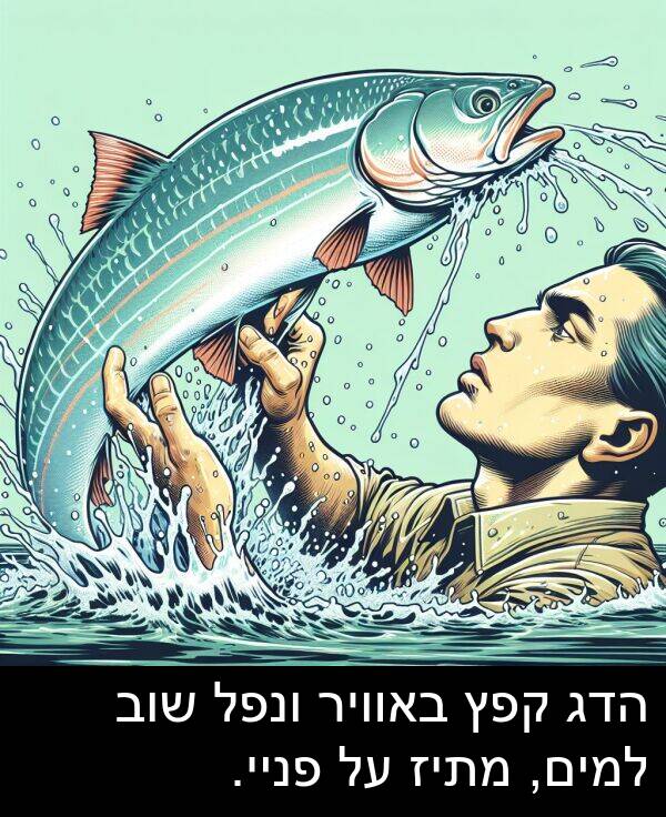 באוויר: הדג קפץ באוויר ונפל שוב למים, מתיז על פניי.