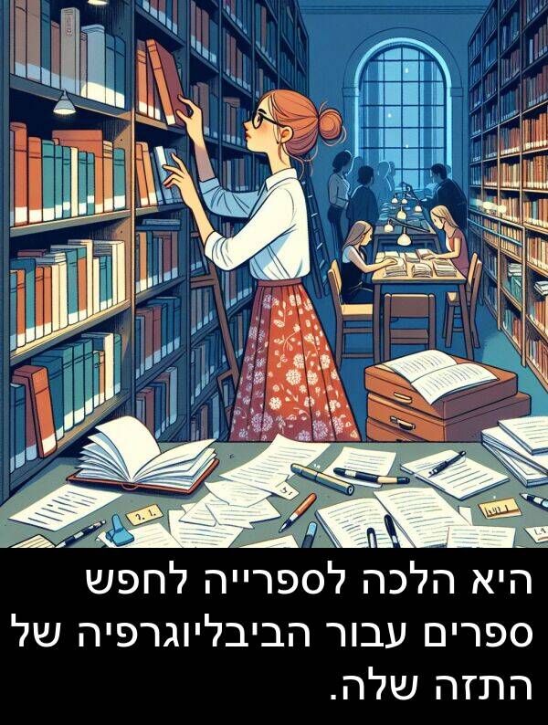 עבור: היא הלכה לספרייה לחפש ספרים עבור הביבליוגרפיה של התזה שלה.