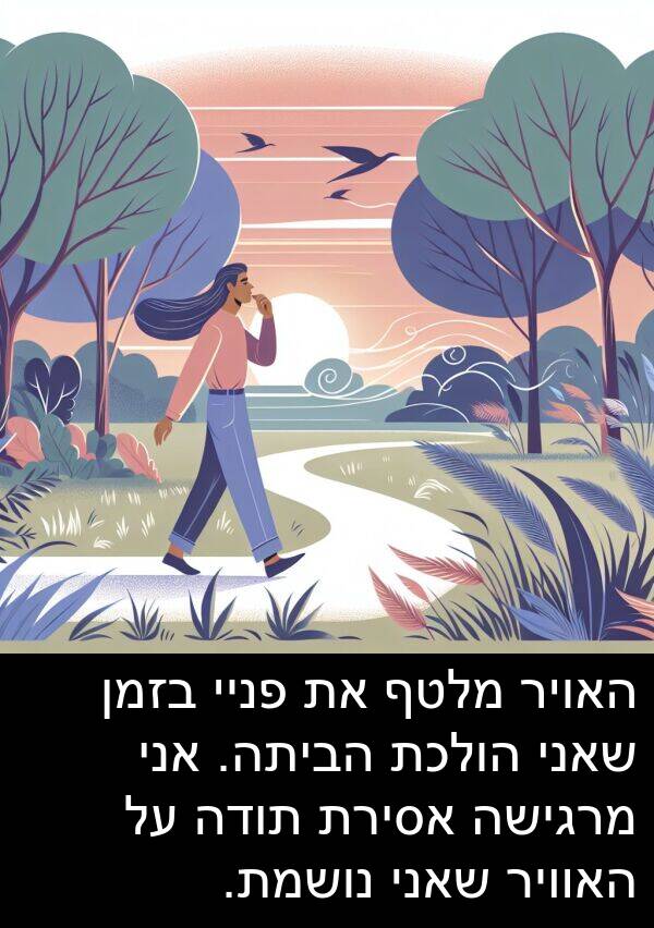 פניי: האויר מלטף את פניי בזמן שאני הולכת הביתה. אני מרגישה אסירת תודה על האוויר שאני נושמת.