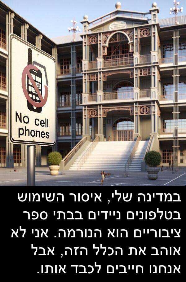 ציבוריים: במדינה שלי, איסור השימוש בטלפונים ניידים בבתי ספר ציבוריים הוא הנורמה. אני לא אוהב את הכלל הזה, אבל אנחנו חייבים לכבד אותו.