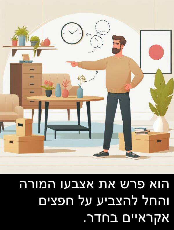 פרש: הוא פרש את אצבעו המורה והחל להצביע על חפצים אקראיים בחדר.