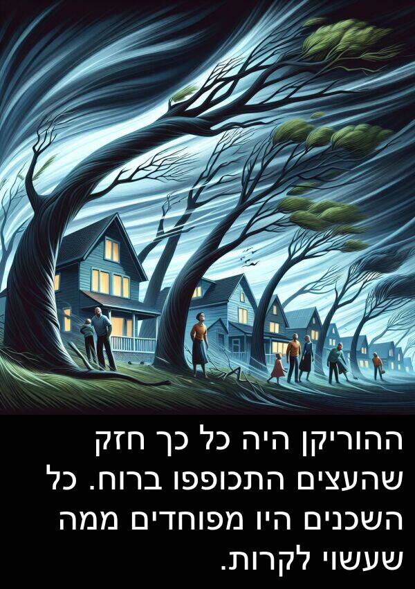 מפוחדים: ההוריקן היה כל כך חזק שהעצים התכופפו ברוח. כל השכנים היו מפוחדים ממה שעשוי לקרות.