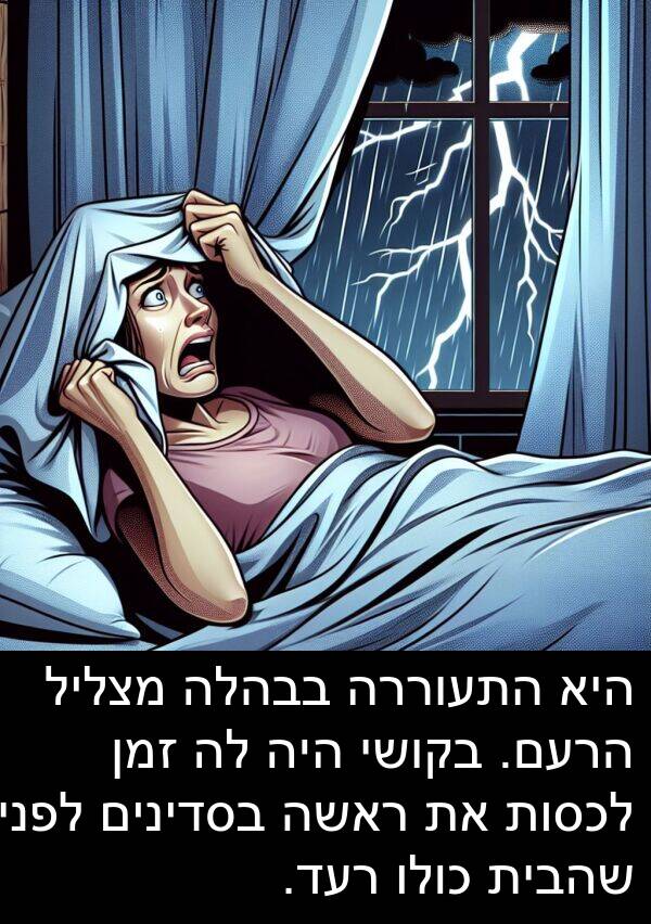 בבהלה: היא התעוררה בבהלה מצליל הרעם. בקושי היה לה זמן לכסות את ראשה בסדינים לפני שהבית כולו רעד.