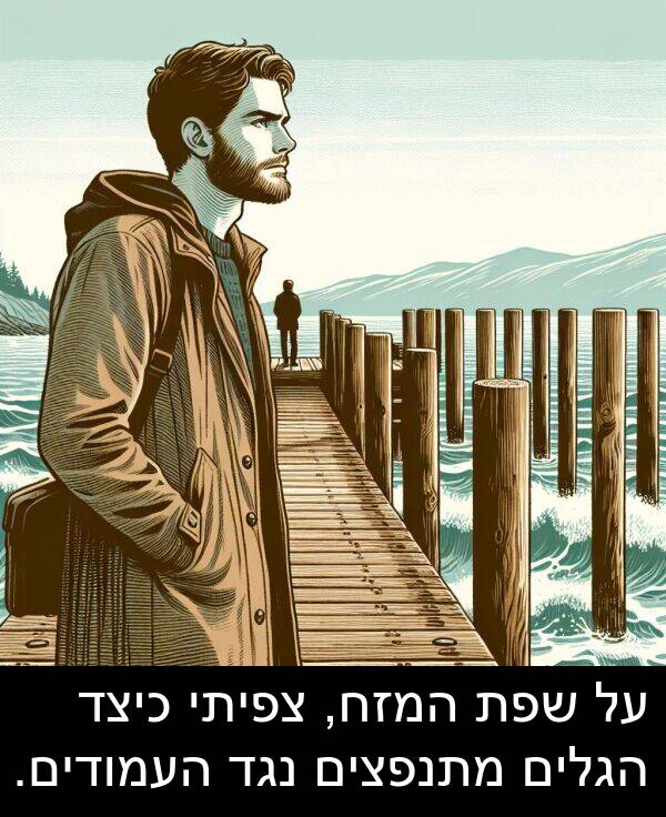 המזח: על שפת המזח, צפיתי כיצד הגלים מתנפצים נגד העמודים.