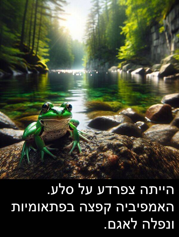 צפרדע: הייתה צפרדע על סלע. האמפיביה קפצה בפתאומיות ונפלה לאגם.