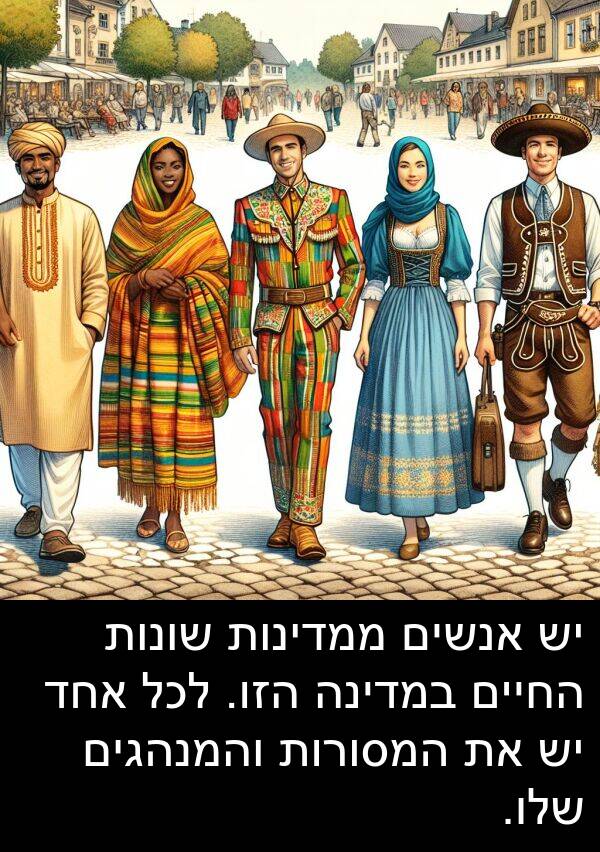 המסורות: יש אנשים ממדינות שונות החיים במדינה הזו. לכל אחד יש את המסורות והמנהגים שלו.