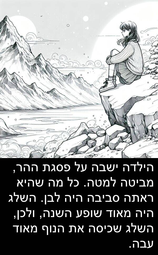 מביטה: הילדה ישבה על פסגת ההר, מביטה למטה. כל מה שהיא ראתה סביבה היה לבן. השלג היה מאוד שופע השנה, ולכן, השלג שכיסה את הנוף מאוד עבה.