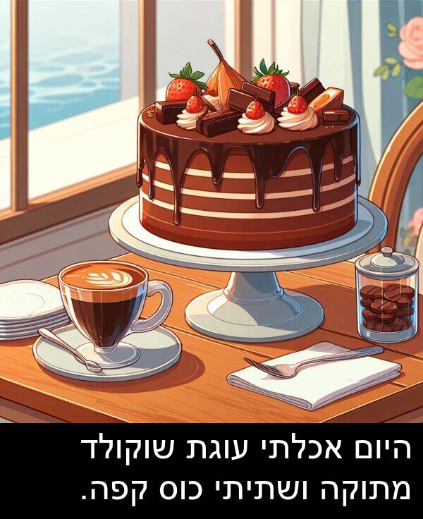 קפה: היום אכלתי עוגת שוקולד מתוקה ושתיתי כוס קפה.