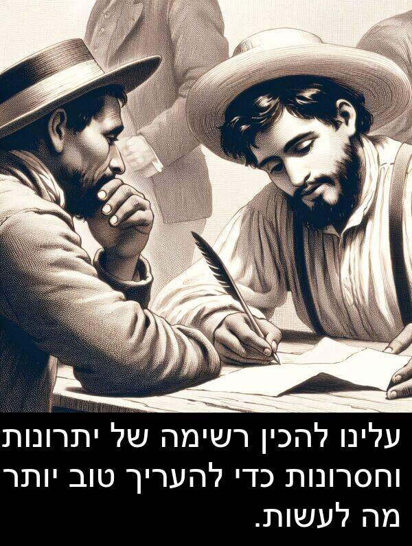 עלינו: עלינו להכין רשימה של יתרונות וחסרונות כדי להעריך טוב יותר מה לעשות.