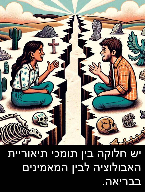 בבריאה: יש חלוקה בין תומכי תיאוריית האבולוציה לבין המאמינים בבריאה.
