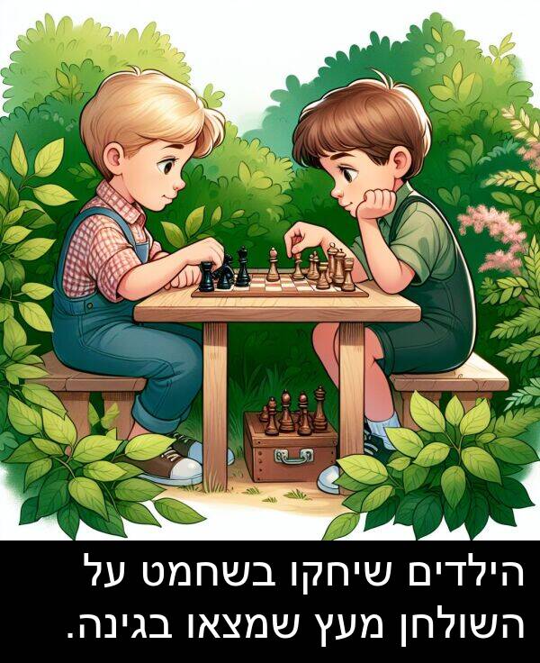 בגינה: הילדים שיחקו בשחמט על השולחן מעץ שמצאו בגינה.