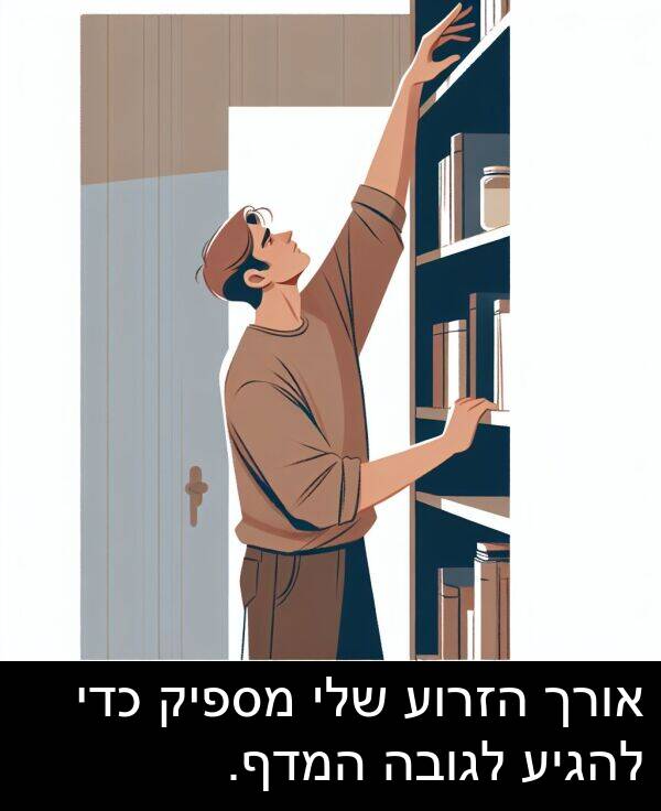 אורך: אורך הזרוע שלי מספיק כדי להגיע לגובה המדף.