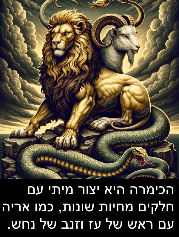 חלקים: הכימרה היא יצור מיתי עם חלקים מחיות שונות, כמו אריה עם ראש של עז וזנב של נחש.