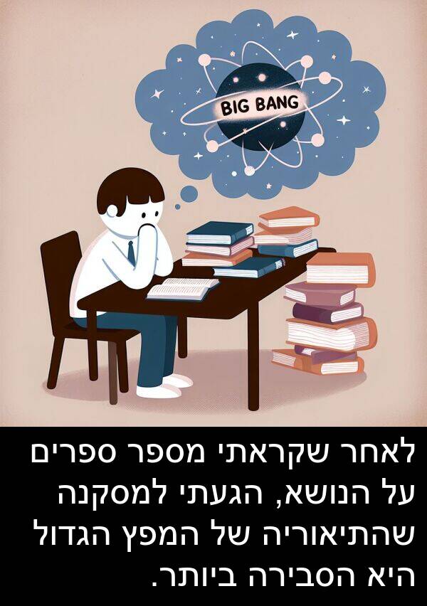 ספרים: לאחר שקראתי מספר ספרים על הנושא, הגעתי למסקנה שהתיאוריה של המפץ הגדול היא הסבירה ביותר.