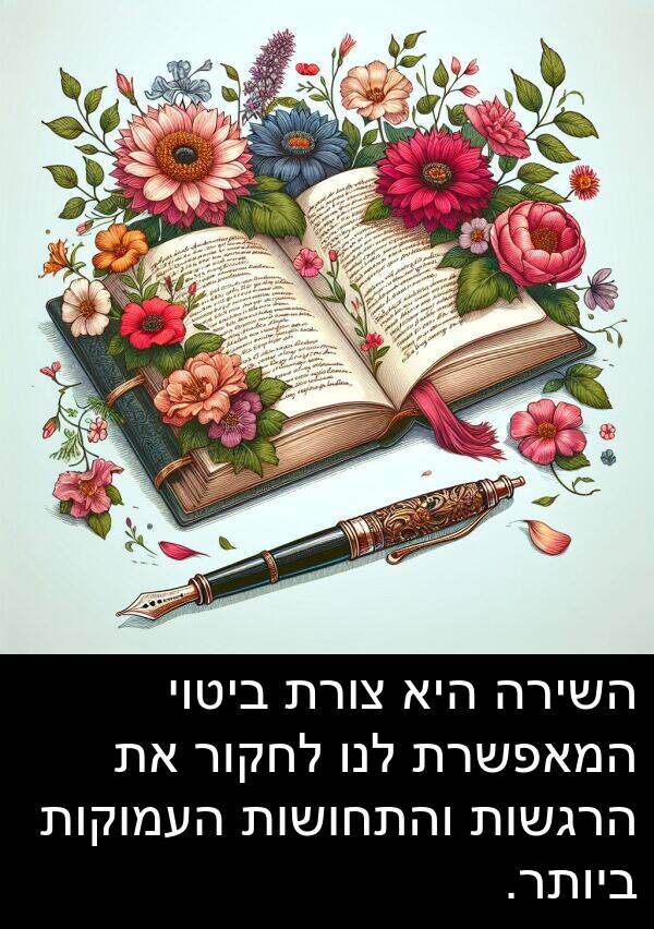 ביטוי: השירה היא צורת ביטוי המאפשרת לנו לחקור את הרגשות והתחושות העמוקות ביותר.