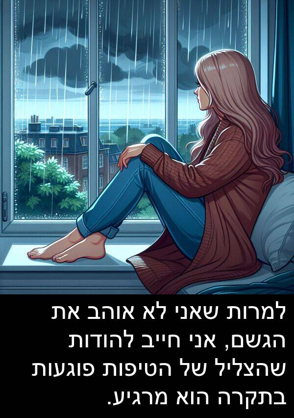 פוגעות: למרות שאני לא אוהב את הגשם, אני חייב להודות שהצליל של הטיפות פוגעות בתקרה הוא מרגיע.